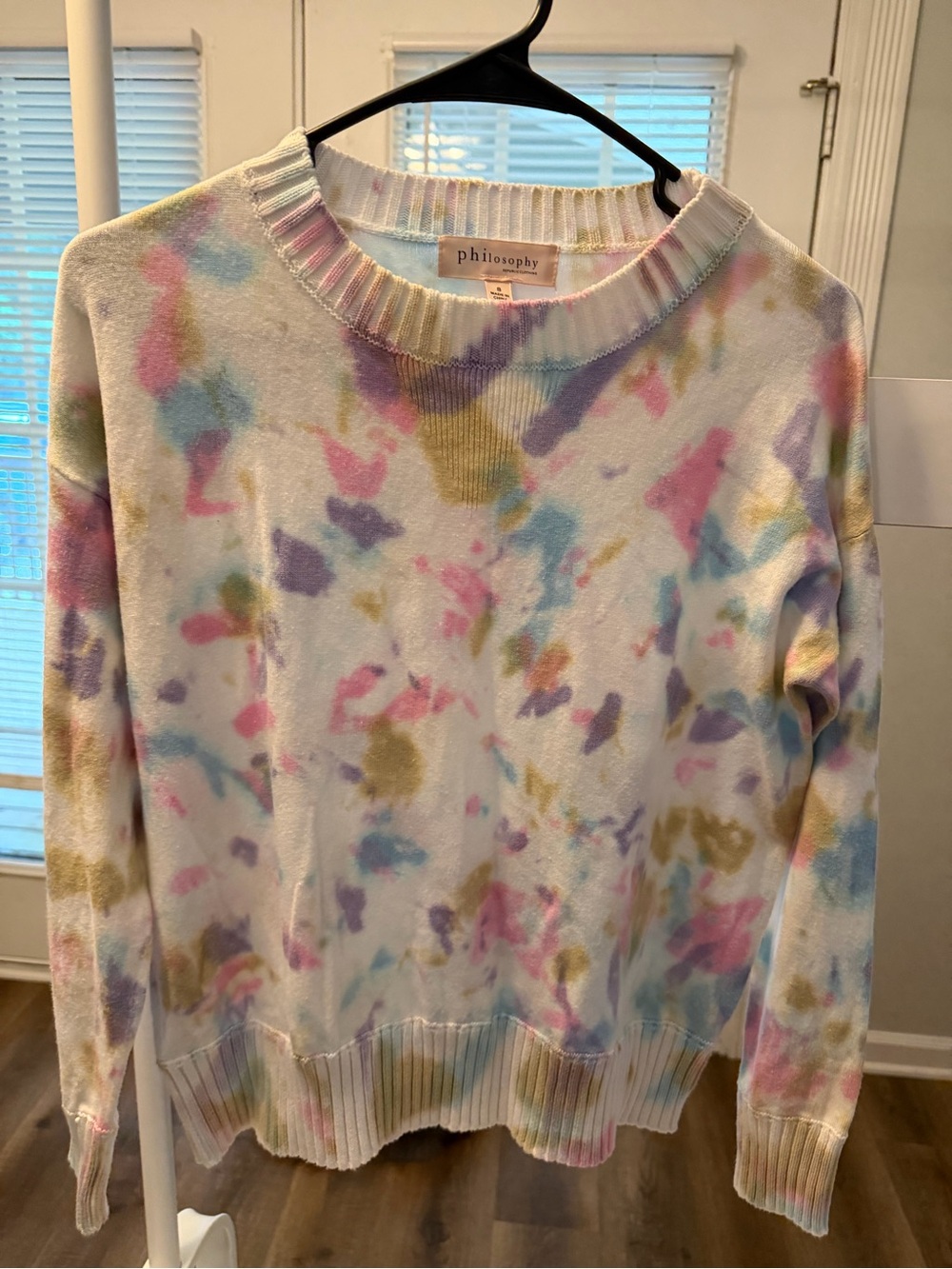 Philosophy Pastel Tie-Dye Crewneck Sweater in White with Pink, Blue & Yellow